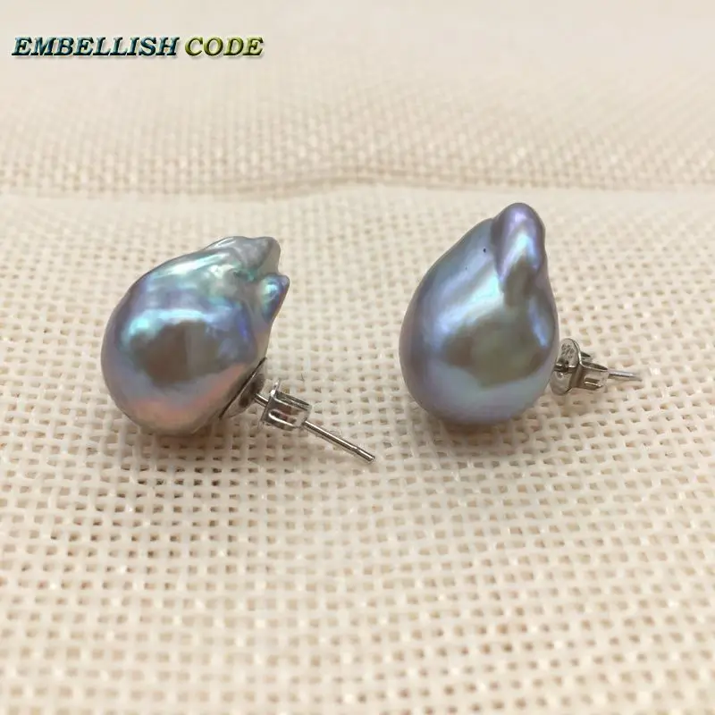 Resize baroque pearls 925 silver Ring stud earring set gray grey colourful Lustrous flameball for women