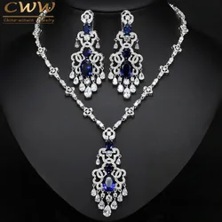 CWWZircons Top Quality Royal Blue Cubic Zirconia African Big Statement Earring Necklace Set For Women Evening Party Jewelry T276