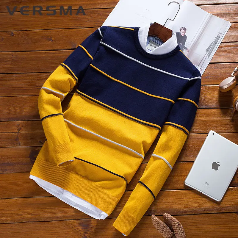 

VERSMA 2018 Winter Korean Slim Fit Ugly Christmas Sweater Men Pullover Stripe Long Sleeve Knitted Xmas Men Sweater Plus Size 5XL