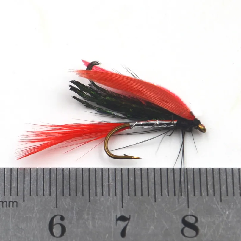 MNFT 10PCS 10# Red Feather Peacock Wing Crazy Fly Trout Lure Fly Fishing Artificial Insect Bait Dry Hook Fly Lures