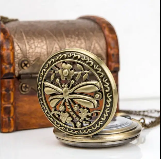 New Bronze antiques Fashion quartz dragonfly Hollow out pendant Necklace pocket watches gift KL5878