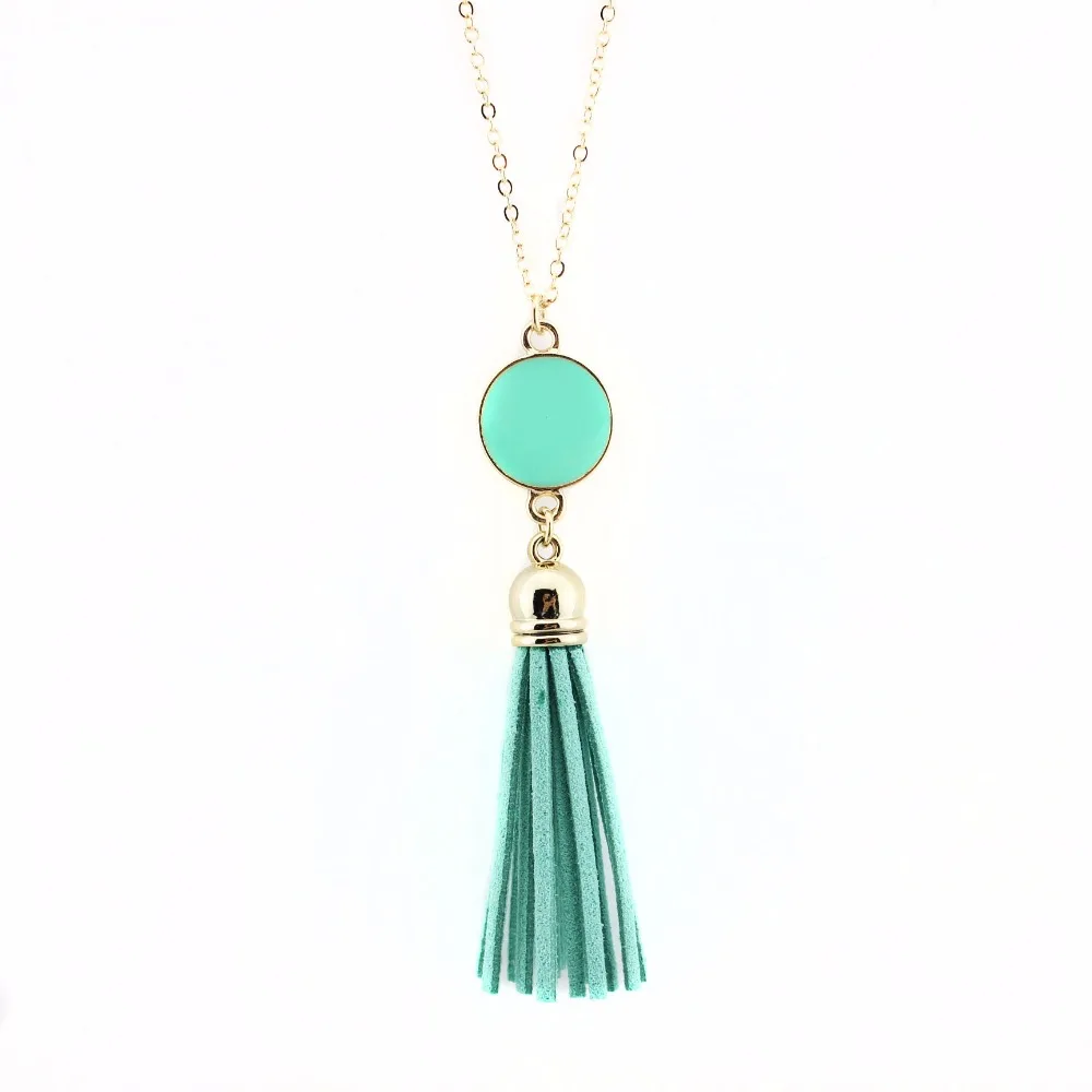 Monogram Enamel Disc Leather Tassel Long China Pendant Necklace for Women Fashion Jewelry