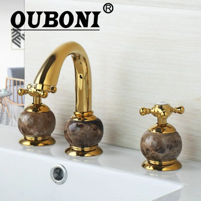 

OUBONI Deck Mounted Bathtub Torneira Golden Spray 3 Pieces 2 Lever Shower Bathroom Basin Sink Brass Tap Mixer Faucet