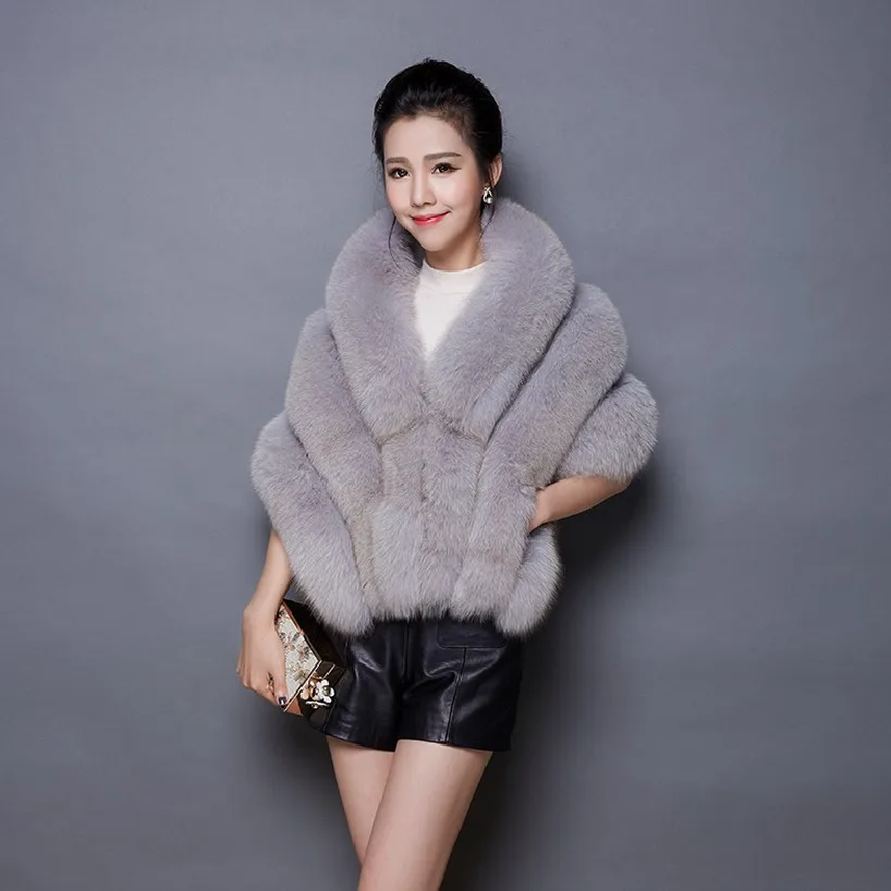 Luxury Women Faux Fox Fur Coat Female Cloak Poncho Cape Bridal Wedding Faux Fur Shawl Cape Women bandanas shawls and scarves