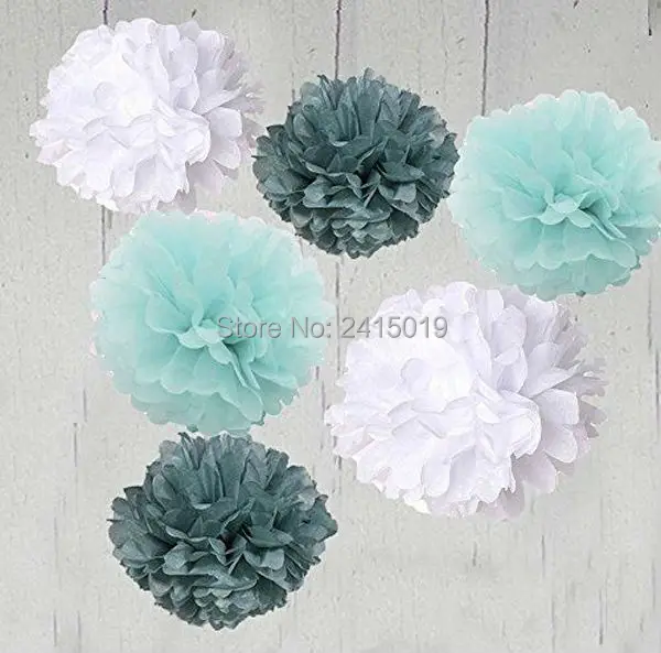 

24xNew mixed sizes light blue grey white tissue paper bunting pom poms wedding party wall hanging decorative banner garland