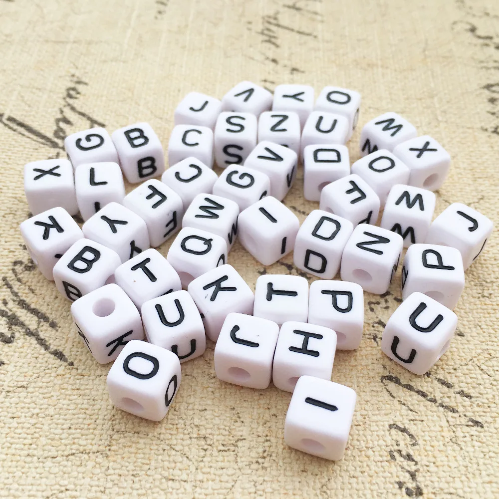 Mini 100PCS 10*10MM A-Z Cube White with Black Printing Acrylic Alphabet Beads Plastic Inital Letter Beads for Name Bracelet