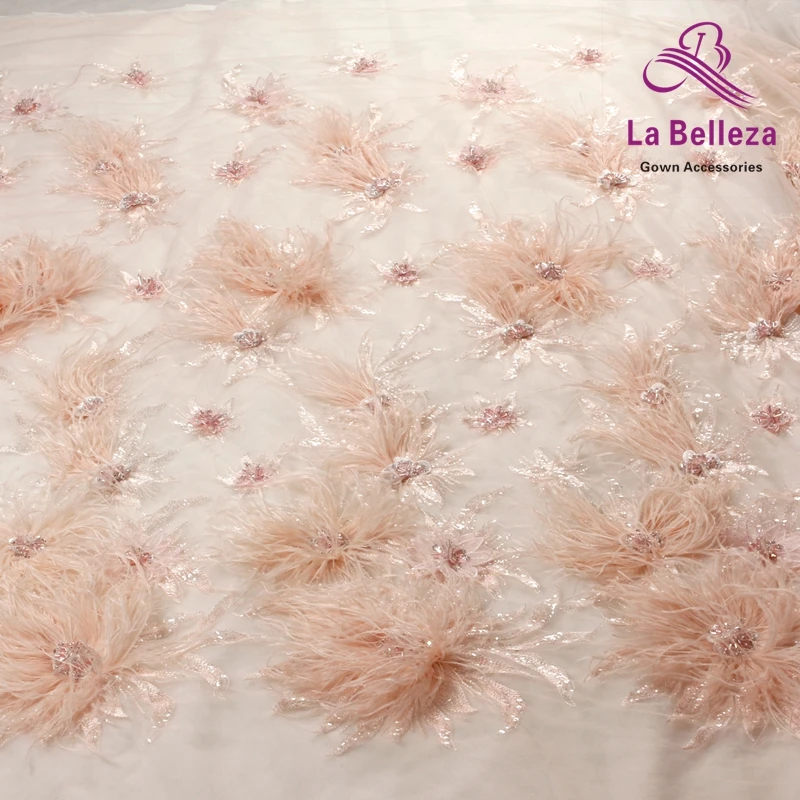 La Belleza New 1 yard light pink/off white heavy 3D flowers feather beaded crystal wedding/evening dress lace fabric