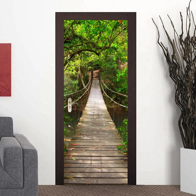3D Door Sticker Mural Wall Paper For Bedroom Wood Bridge Large Murals Door Stickers Home Decor Poster Photo Wallpaper