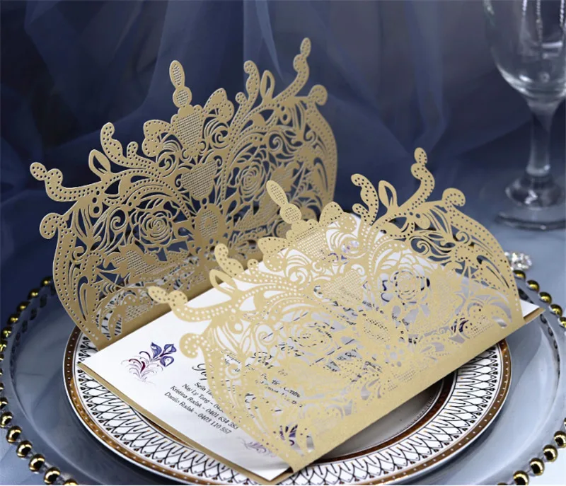 Gold spring invite wedding rose laser cut greetings multi colors offer personalized printing 50pcs