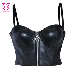 Steampunk Black PU Leather Zippper Push Up Bralet Sexy Women Bustier Gothic Punk Bra Lingerie Night Club Party Cropped Top Vest