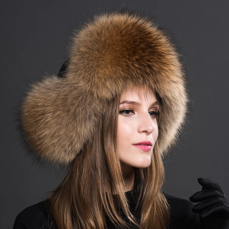 Luxe estilo siberiano chapéu de pele de guaxinim russo completo ushanka chapéu para as mulheres nova cor natural chapéu de pele