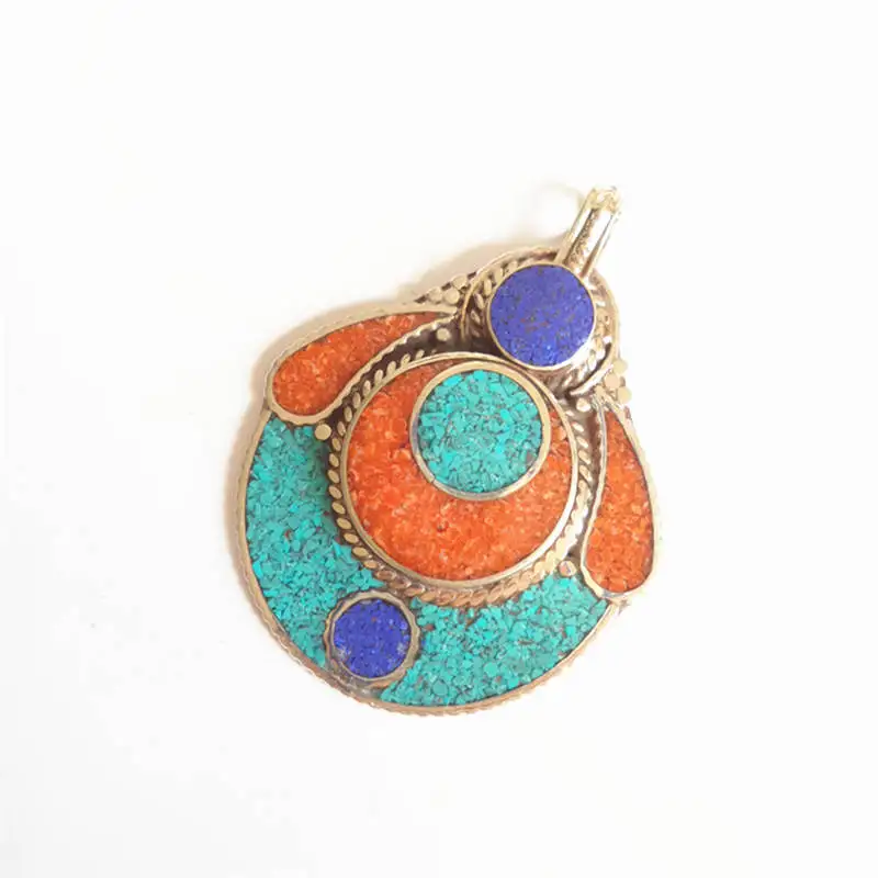 TBP410 Vintage Flower Pendant from Nepal Copper Inlay Colorful Stone