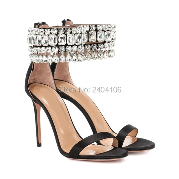 

Shooegle Brand Fashion Women Sandalias Bling Bling Shoes Summer Ankle Strap Crystal Stiletto High Heels Black Satin Gem Sandals