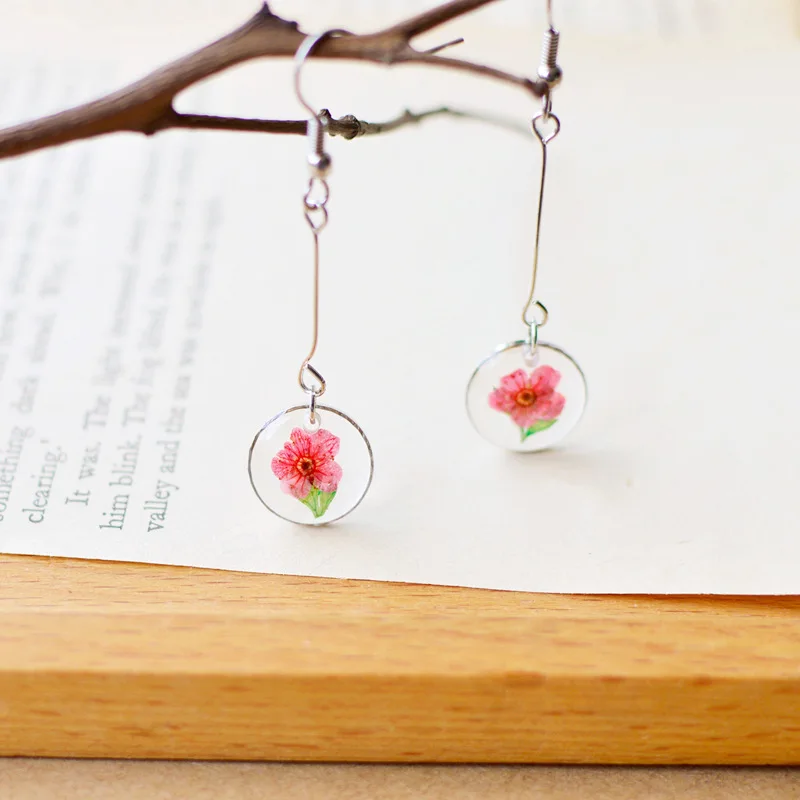 Japanese Style Red Blue Pink Yellow Sweet Silver Dried Flowers in Round Glass Long Drop Earrings For Girls Women Wedding Party