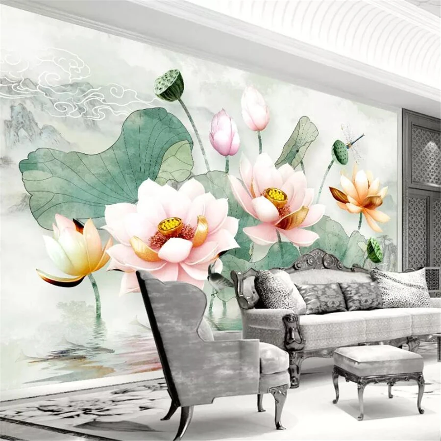 

wellyu Custom wallpaper 3D photo mural embossed lotus fresh watercolor lotus leaf TV background wall paper 3d papel de parede