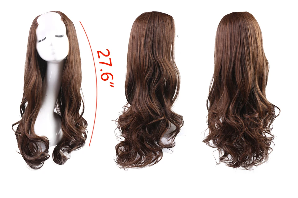 Elegante Premium-Synthetik-U-Teil-Perücke, halb nach oben, halber Unten und Kopf, 3/4 Clip in lockigen, schwarzen, blonden, dunkelbraunen Haarverlängerungen, 76,2 cm – Detail 3