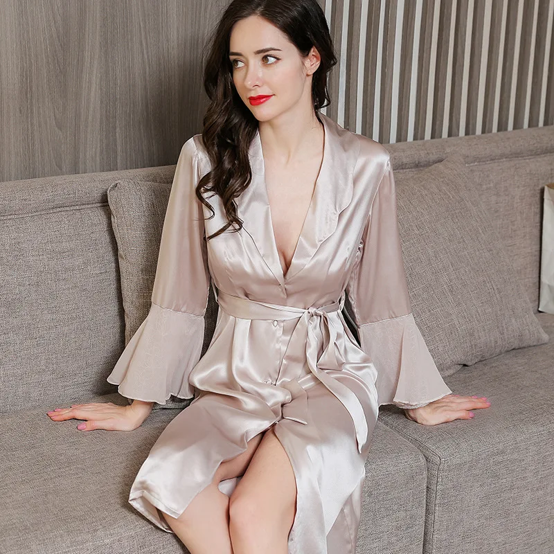 Latest Long-Sleeve Real Silk Sleeping Robes Female Spring Summer 100% SILK Sexy Sleepwear Solid Color Woman Bathrobes P9952