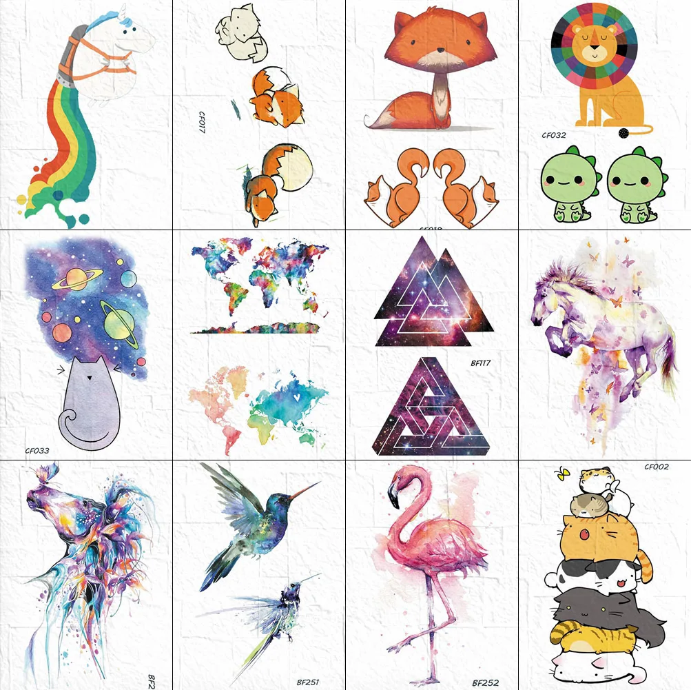 Children Arm Cute Fun Cartoon Tattoos Stickers Flash Fox Triangle Women Ankle Tattoos Temporary Galaxy Unicorn Tatoos Beauty