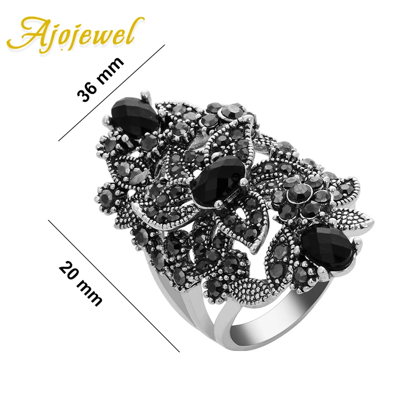 Ajojewel Vintage Retro Luxury Ring Woman Black Crystal Rhinestone Flower Jewelry Big Rings Ringen Anneau