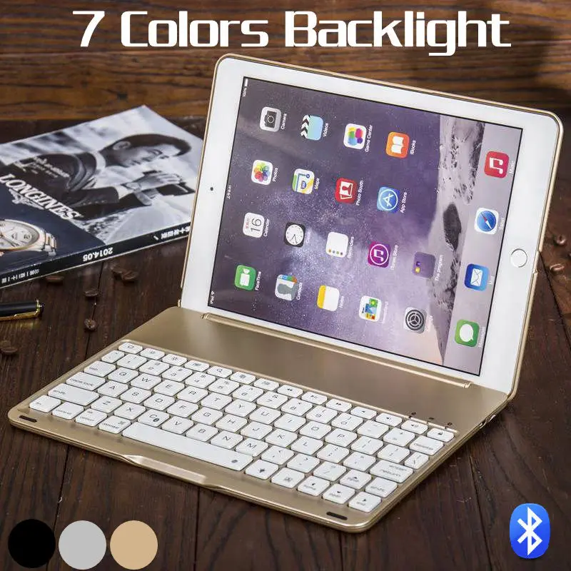 7 Colors Backlight Backlit Aluminum Bluetooth Keyboard With Stand Protective Case Cover For iPad 6/Air 2+Glass Screen Protector