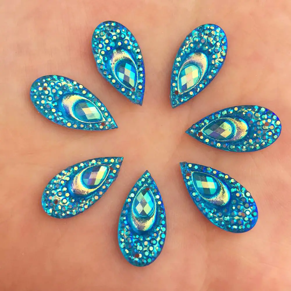 40PCS AB Resin 10*20mm Teardrop Peacock eye Flat back rhinestone applique scrapbook Wedding Embellishment diy 2 hole craft SK83