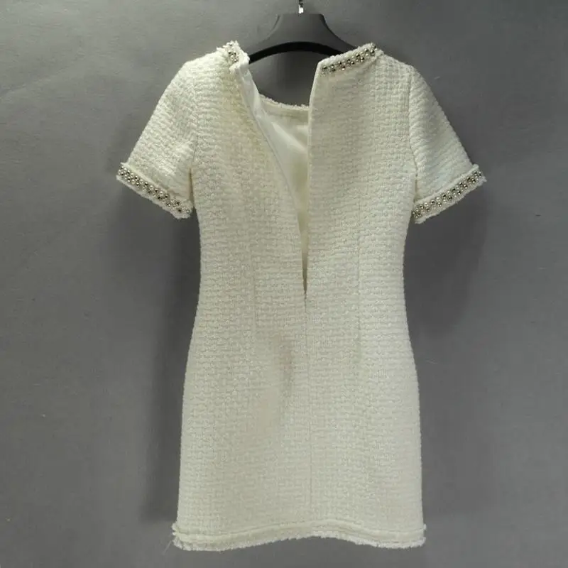 white tweed dress spring / autumn / winter advanced custom small fragrant wind short-sleeved dress bottoming ladies woolen dress