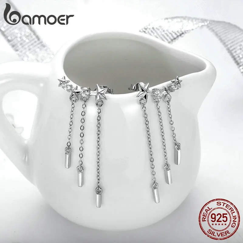 BAMOER Genuine 925 Sterling Silver Long Chain Star Dazzling CZ Drop Earrings for Women Fashion Earrings Silver Jewelry SCE399