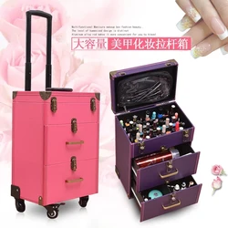 Neue Nagel tattoo Roll gepäck tasche mädchen multifunktions trolley koffer Frauen multilayer hohe qualität kosmetische fall mit rad