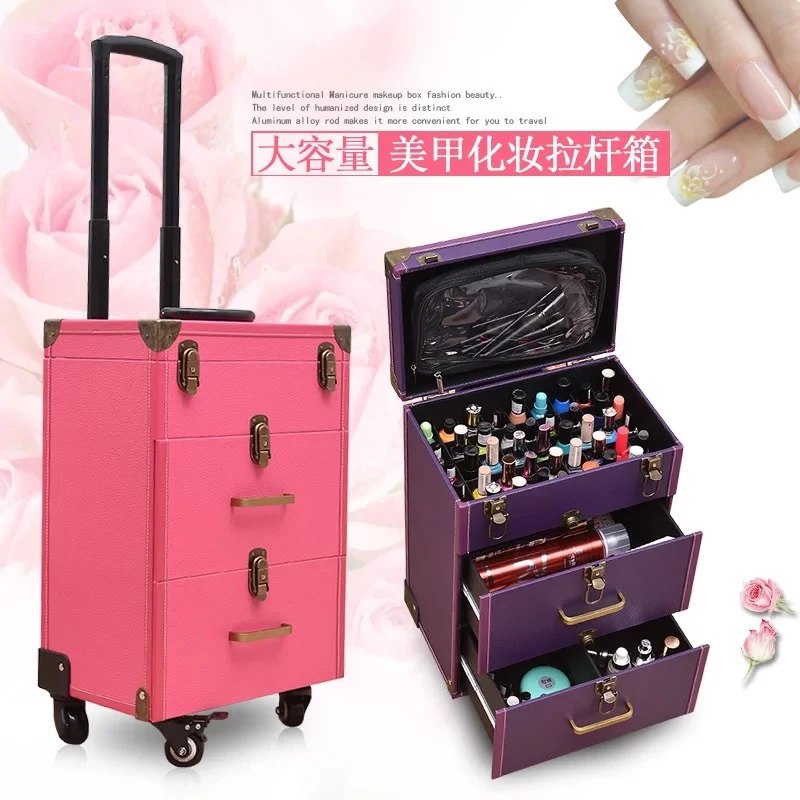 New Nail tattoo Rolling luggage bag girls multifunction trolley suitcase Women multilayer high quality cosmetic case with wheel