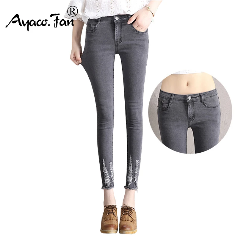 

2019 Autumn New Women Ankle-Length Black Jeans for Students Stretch Skinny Female Slim Pencil Pants Denim Solid Ladies Trousers