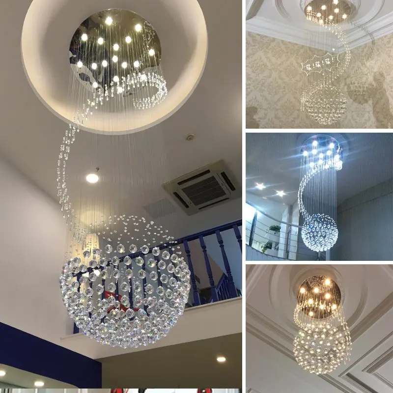 Crystal Chrome Round Top Stair Case Ceiling Light Dining Room Ceiling Lamp Luxury Restaurant Ceiling Hanging Lights