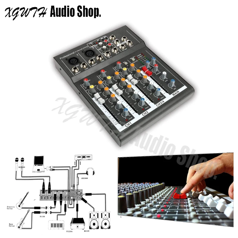 

Professional Mini 4 Channel Studio Audio Sound Mixer Karaoke DJ Mixing Console with USB +48V Phantom Power Reverb Effect