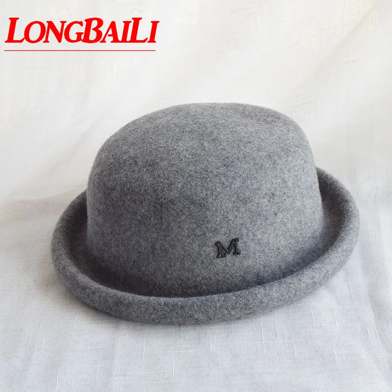 Winter Grey Wool Felt Bowler Hat Chapeau Women Fedoras Female Derby Caps BMDW026