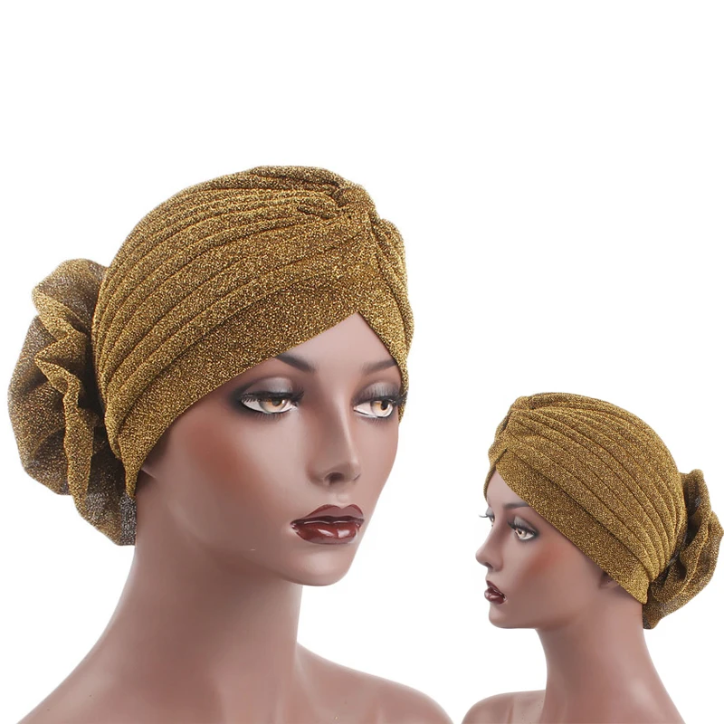 Muslim Women Big Flower Bright Silk Stretch Cotton Turban Hats Chemo Beanie Pleated Wrap Cover Cap Hair Loss for Cancer