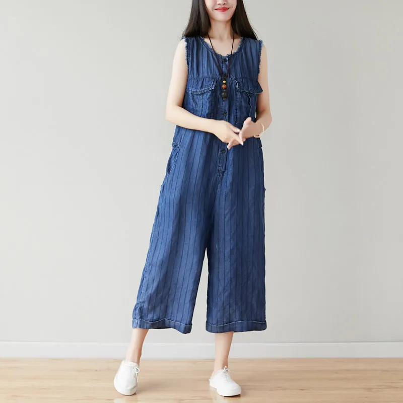 Summer Sleeveless Jean Jumpsuits Baggy Button pocket Cowboy Wide Leg Overalls Fashion Casual Rompers Female Loose Denim Bodysuit