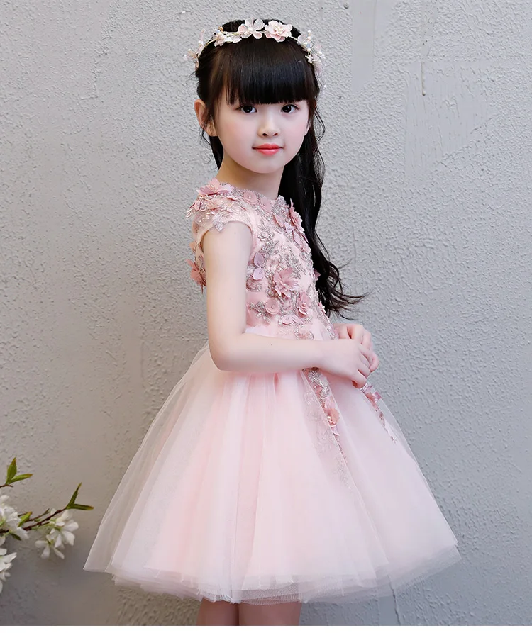 Elegant Pink Tulle Flower Girl Dress For Weddings Baby Baptism Party Pageant Princess Gown Bead Floral Kid First Communion Dress