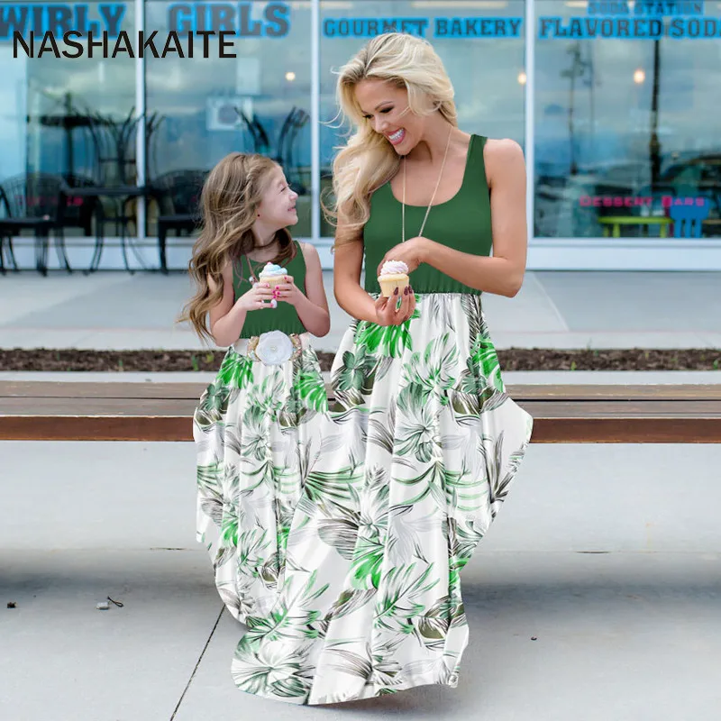 NASHAKAITE Mom and Daughter Dress Patchwork Green Leaf Print Tank Long Dress For Mother Daughter Summer Family Matching Clothes