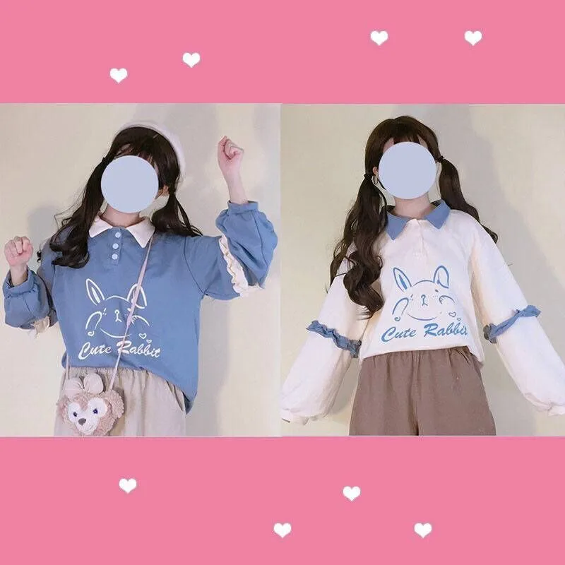 Hoodies gráficos de coelhinho kawaii para mulheres, kawaii, manga comprida, roupa plissada, kawaii, vintage, meninas macias, coelho fofo