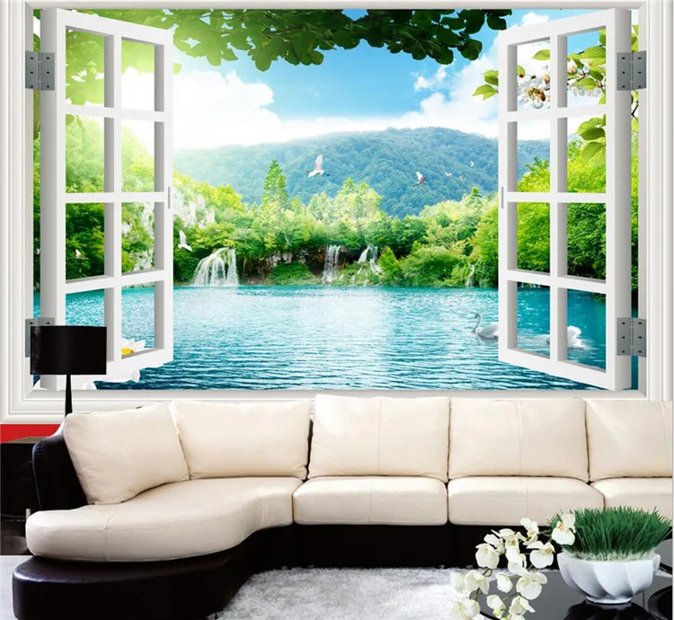 

3D Window Green Landscape Wall Paper Photo Wall Mural for Living Room TV Backsplash Custom Mural Voor Slaapkamer Muren 3d