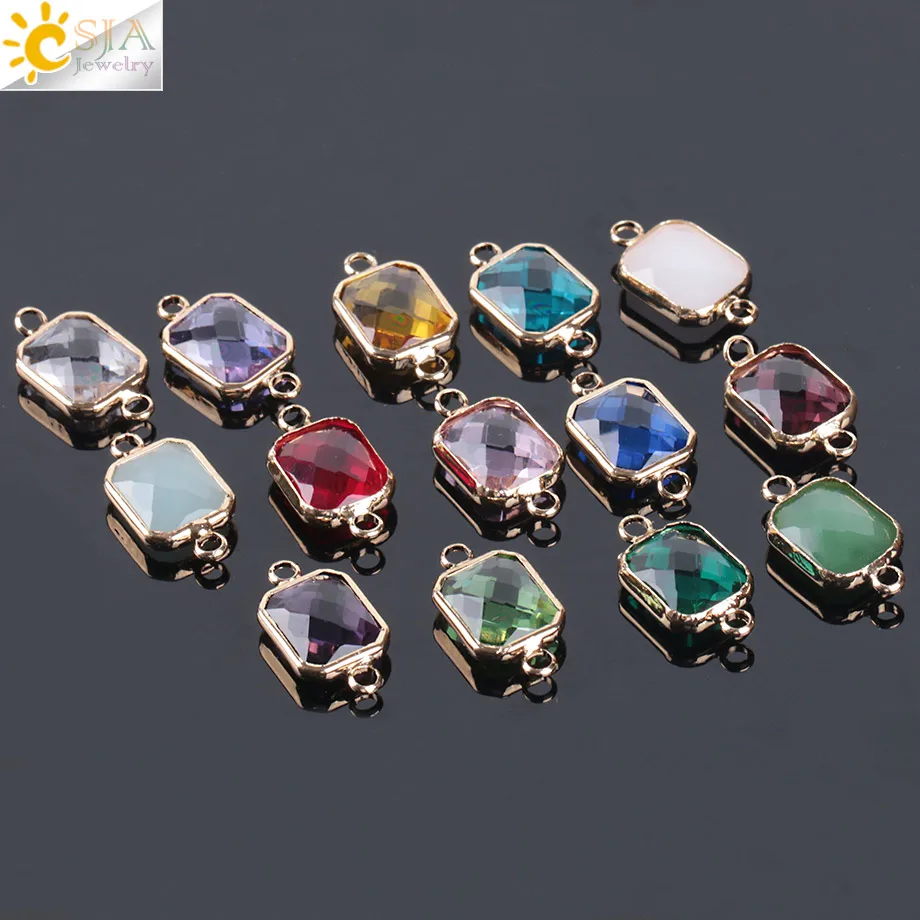 CSJA Bohemian Square Crystal Glass Beads Gold Color Double Rings Pendant for Necklace Bracelets Connector Jewellery Finding E880
