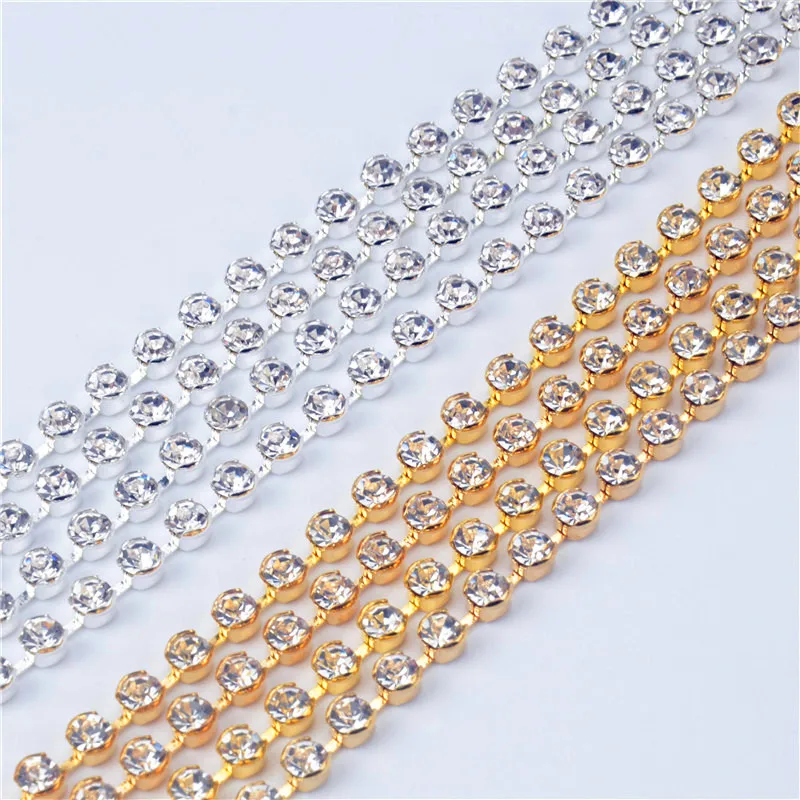 5Yard/Lot Round No Claw Rhinestone Chain Clear Crystal Ss12-Ss28 Diamond Silver Gold Base Trimming Garment Sew On Diy Decoration