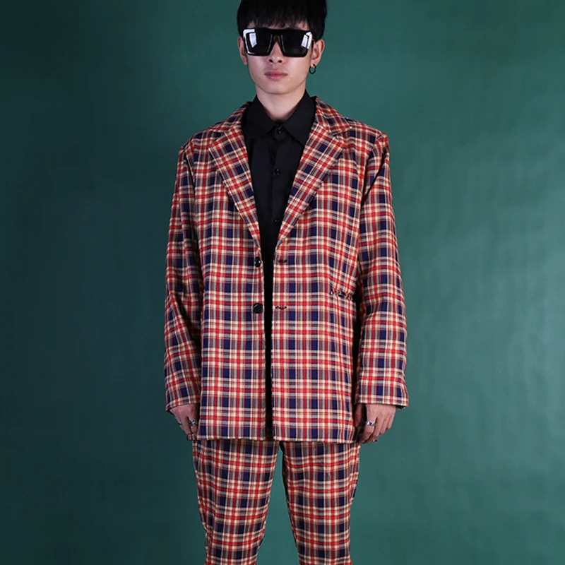 

New Retro Red Plaid Men Suits Loose Chinese Style Casual 2 Pcs Suit For Mens Spring And Summer Long Sleeve Blazers S-5xl