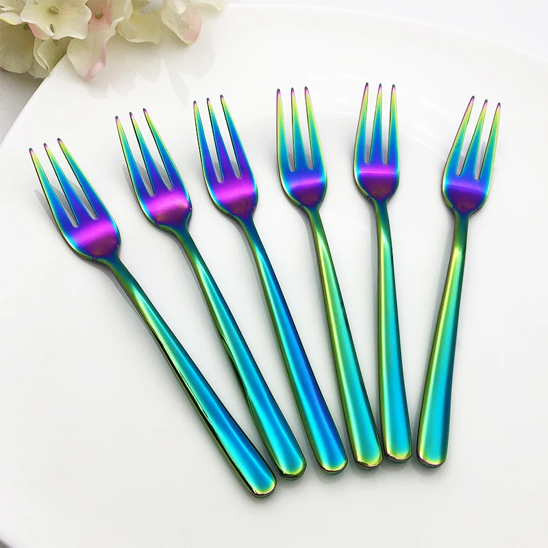 Stainless steel Dinnerware Rainbow Fork Dessert Cake Fruit Forks Three Tines Long Handle Tea Fork set Kitchen Cutlery  Xmas Gift