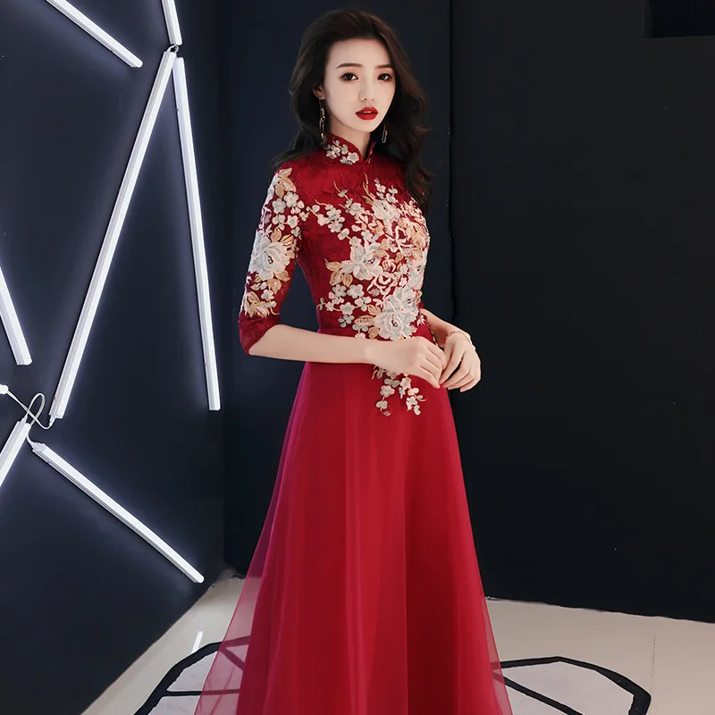 Cheongsam chinês tradicional para a noiva, vestido longo vermelho de Qipao, meia manga, vestidos estilo oriental, noiva vintage, tamanho XS-3XL