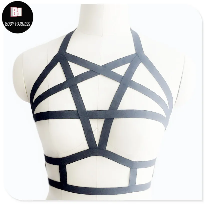 

black body harness sexy lingerie spandex harajuku pastel gothic pentagram cage bra bondage harness Star harness bra