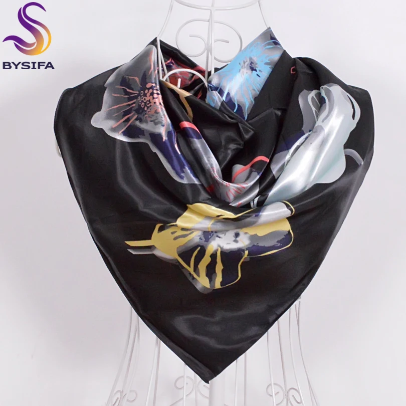 [BYSIFA]Women Men Black Silk Scarf Shawl New Design Spring Autumn Accessories Ladies Genius Flowers Satin Scarves Wraps 90x90cm