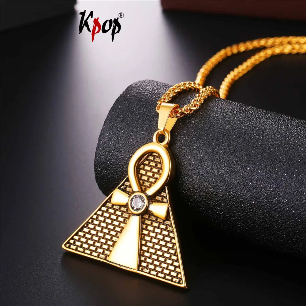 Kpop Ankh Egyptian Cross Key of the Nile Charm Necklace Egyptian Pyramids Pendants Gold Color Stainless Steel Necklaces GP175