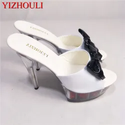 15cm high heel rose decoration platform, bow sexy sandals transparent 6 inch crystal Sandals