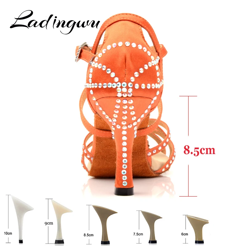 Ladingwu Dance Shoes Latin Women Rhinestone Salsa Shoes Dance Ballroom Party Profession Dance Shoes unique design Brown Satin