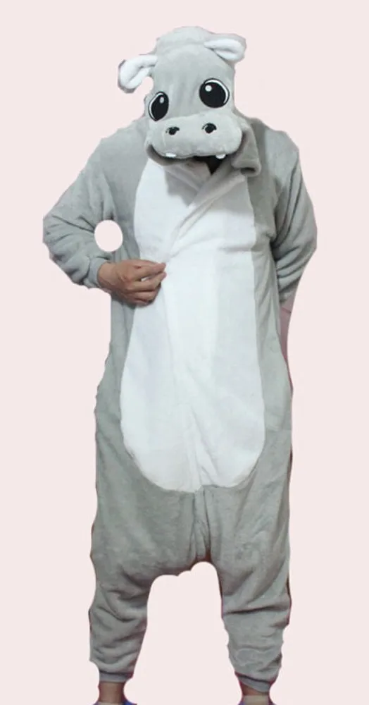 Pyjama Animal Hippopotame gris pour adultes, grenouillères en flanelle unisexe, vêtements de nuit, robe de dessin animé pour garçons, costume Cosplay